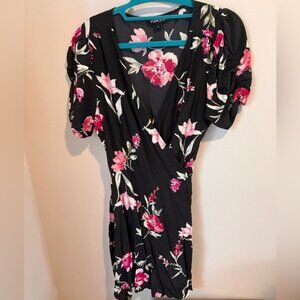 Floral Black Wrap Dress with Pink Accents